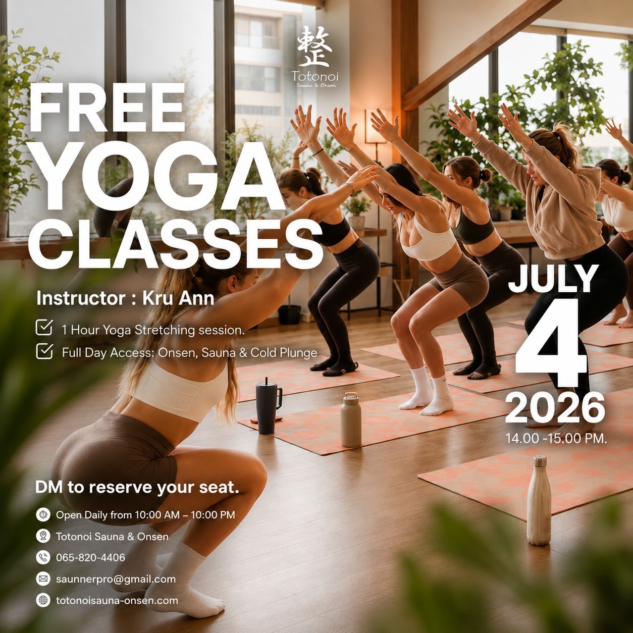 ✨🍃🧖🏻‍♀️No plans for this Saturday yet? We’ve got you covered❗️
Come join our FREE Yoga class with Kru Ann from 2:00 PM - 3:00 PM, and treat yourself to Full Day Access to our Onsen and Sauna.

It's the ultimate wellness combo, all in one place, and completely free of charge🧖🏻‍♀️Spaces are limited, so DM us to lock in your spot today at Totonoi Sauna & Onsen 🤎

✨🍃🧖🏻‍♀️วางแพลนวันเสาร์นี้ไว้หรือยังคะ❓ถ้ายังไม่มี... ขอเชิญมาปล่อยใจฟิน ๆ กับคลาส Yoga โดยครูแอน บ่าย 2 ถึง บ่าย 3 โมง แล้วปล่อยกายใจให้จมดิ่งไปกับความสบายของการแช่ออนเซ็นและอบซาวน่าแบบ Full Day ครบจบในที่เดียวและที่สำคัญคือ "ฟรี" ดีงามขนาดนี้ DM📥มาจับจองเลย ที่ Totonoi Sauna & Onsen 🤎
 

📥DM us on Instagram to book.

⏰ เปิดให้บริการ: 10.00 น. - 22.00 น.
📍 Totonoi Sauna & Onsen
☎️ 065-820-4406
📧 saunnerpro@gmail.com
🌐 totonoisauna-onsen.com

#TotonoiSauna #Sauna #BangkokWellness #SaunaBangkok
#SaunaThailand #SaunaTime #WellnessJourney #RelaxRecharge
#JapaneseSauna #SaunaLifestyle #YOGA