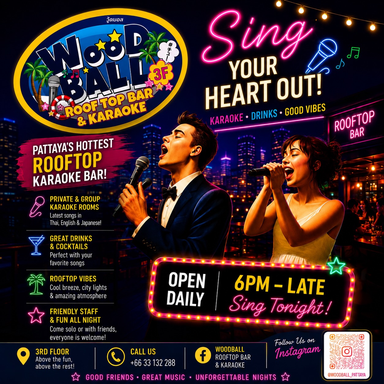 Karaoke? Why not! Come to Woodball Pattaya and sing along with our beautiful staff members. We have a large selection of songs in multiple languages. Our menu includes delicious food and tasty drinks! Woodball Pattaya can be easily found on Walking Street, across from Fahrenheit Agogo. See you tonight! 🫶🎶🎤🩷