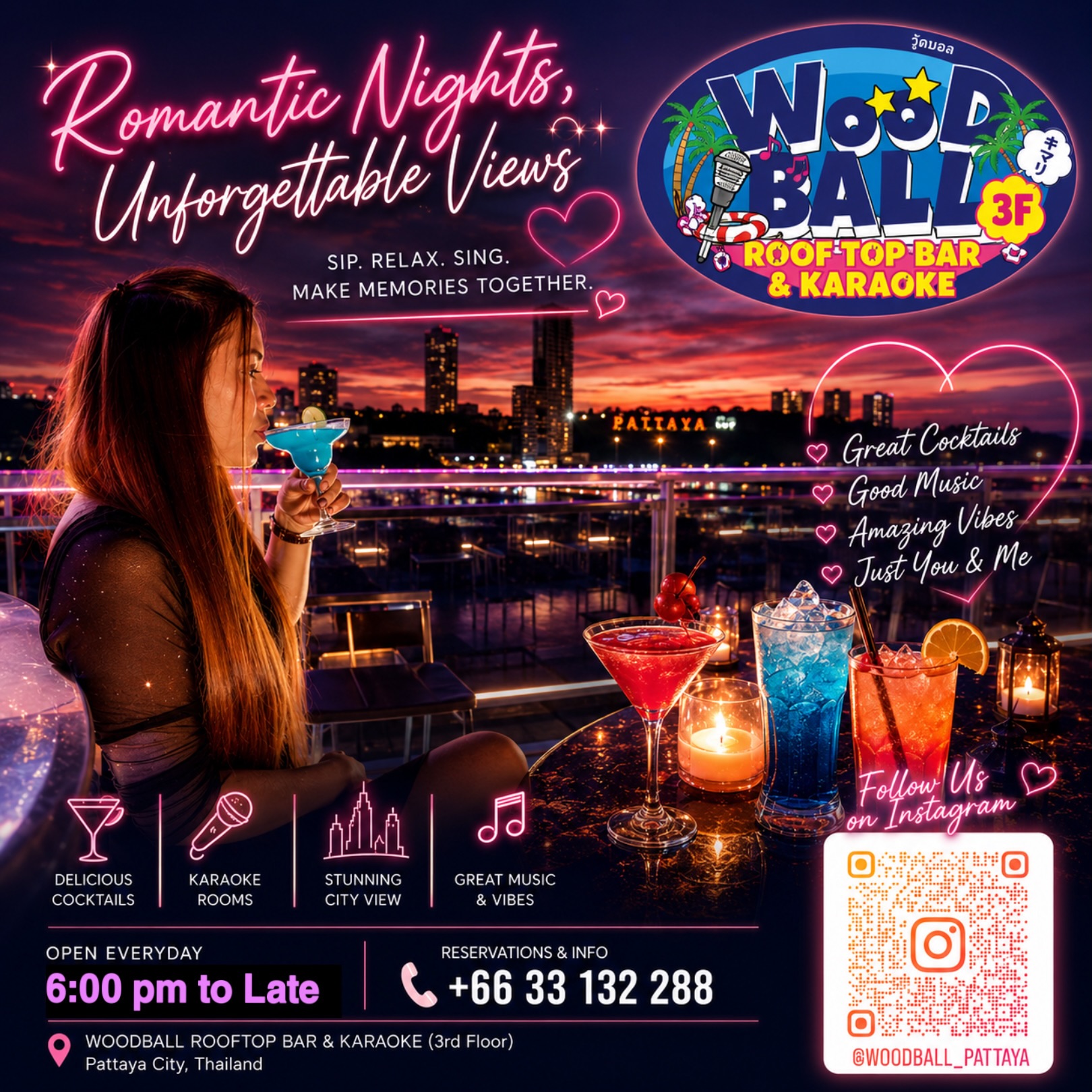 Hey everyone! Later today when the sunset approaches, be sure to check out Woodball Pattaya. We have a great view and a menu full of delicious drinks and food. Our bar can be found easily found on Walking Street, across from Fahrenheit Agogo. See you soon! 🩷

INFO: 
Address: 94/7 3rd and 4th Floor, Moo10, Walking Street, Pattaya City
TEL: 03-313-2288
Opening Hours: 18:00 - 04:00
LINE:@woodball_pattaya (lin.ee/fRYUsCh)
Google Map: https://maps.app.goo.gl/far2ArZaATuVaNit6?g_st=ic
