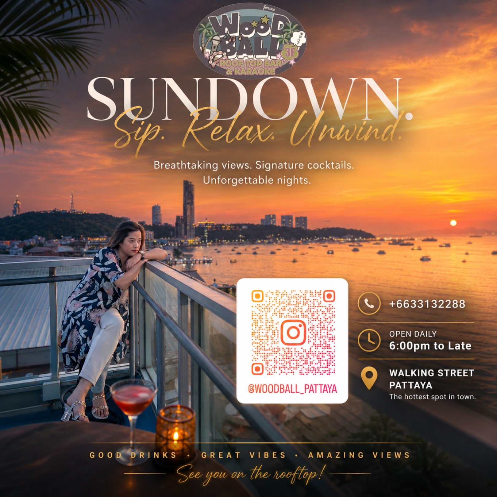 Hey everyone! Later today when the sunset approaches, be sure to check out Woodball Pattaya. We have a great view and a menu full of delicious drinks and food. Our bar can be found easily found on Walking Street, across from Fahrenheit Agogo. See you soon! 🩷