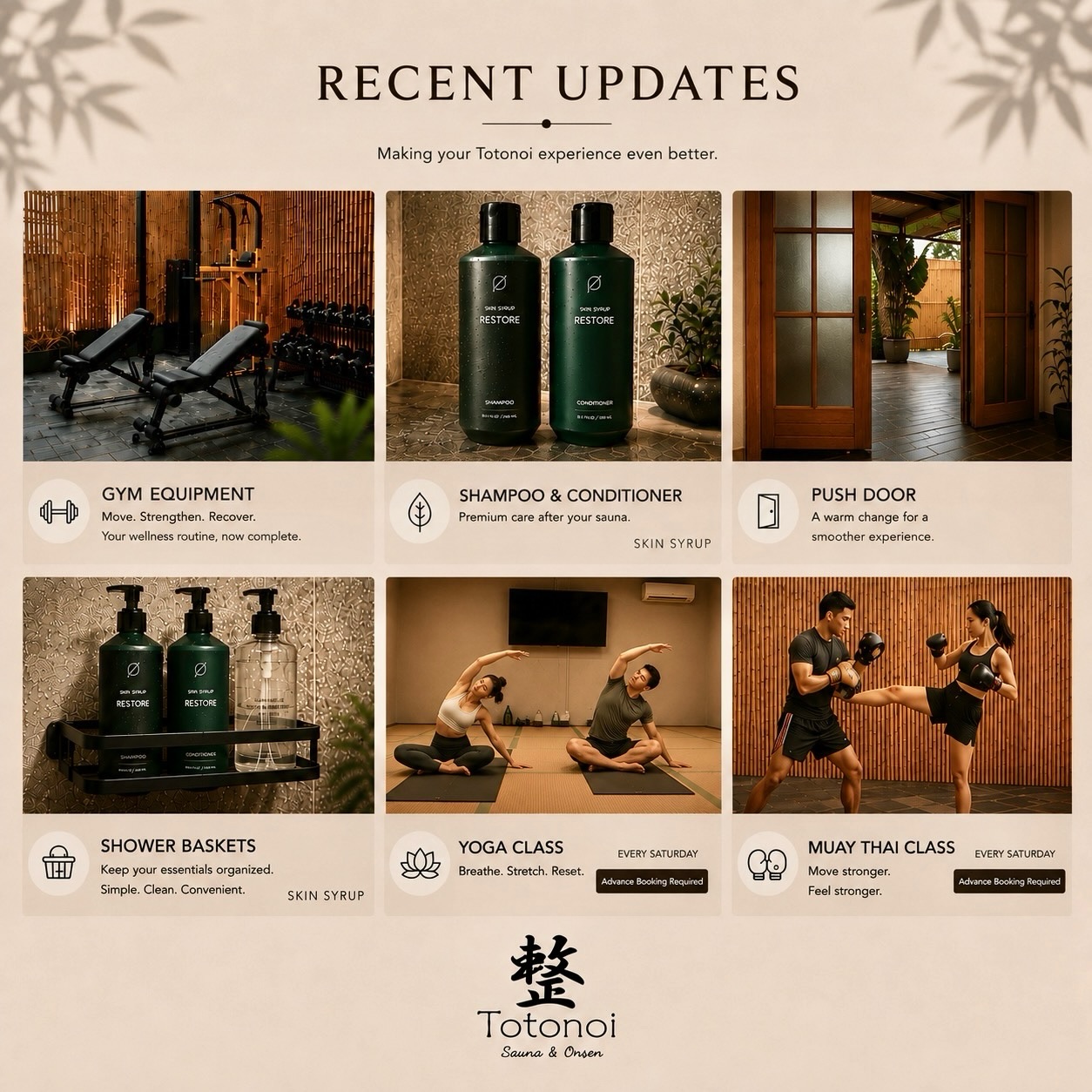 ✨What’s new at TOTONOI?✨

•New Facilities & Amenities 
•Saturday Wellness Class🧘‍♀️

Come relax, move, recover, and experience the NEW TOTONOI🤍