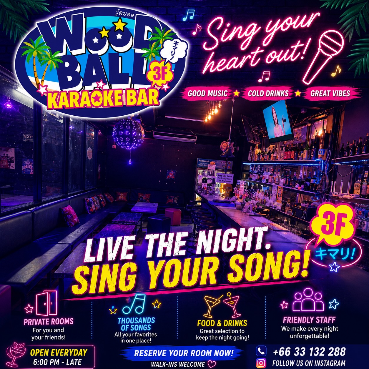 Karaoke? Why not! Come to Woodball Pattaya and sing along with our beautiful staff members. We have a large selection of songs in multiple languages. Our menu includes delicious food and tasty drinks! Woodball Pattaya can be easily found on Walking Street, across from Fahrenheit Agogo. See you tonight! 🫶🎶🎤🩷

Address: 94/7 3rd and 4th Floor, Moo10, Walking Street, Pattaya City
TEL: 03-313-2288
Opening Hours: 18:00 - 04:00
LINE:@woodball_pattaya (lin.ee/fRYUsCh)
Google Map: maps.app.goo.gl/far2ArZaATuVaN…
