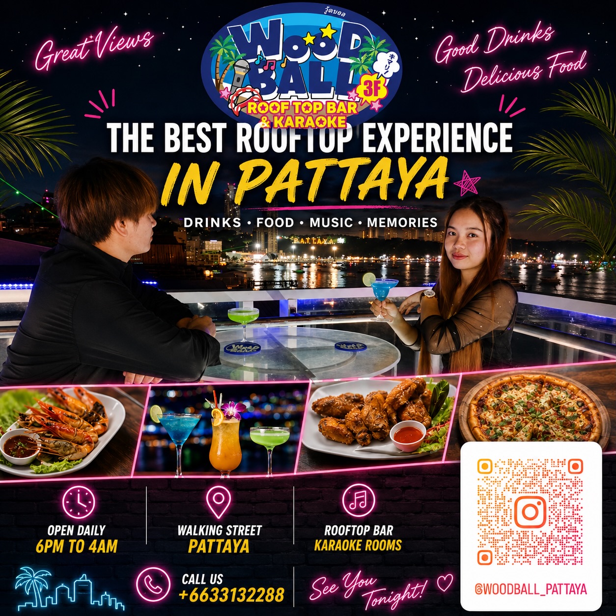 Hey everyone! Later today when the sunset approaches, be sure to check out Woodball Pattaya. We have a great view and a menu full of delicious drinks and food. Our bar can be found easily found on Walking Street, across from Fahrenheit Agogo. See you soon! 🩷

INFO: 
Address: 94/7 3rd and 4th Floor, Moo10, Walking Street, Pattaya City
TEL: 03-313-2288
Opening Hours: 18:00 - 04:00
LINE:@woodball_pattaya (lin.ee/fRYUsCh)
Google Map: maps.app.goo.gl/far2ArZaATuVaN…